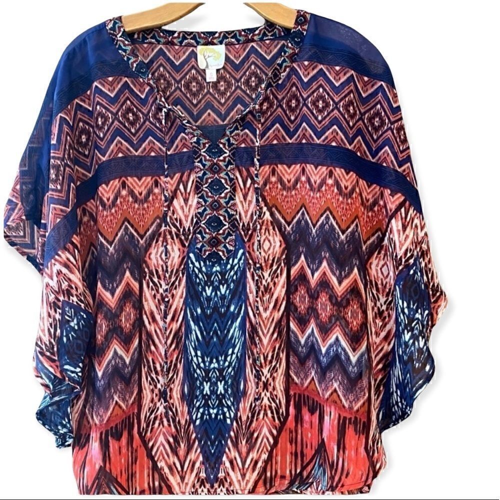 Fig and Flower S Navy Blue Mixed Patterns BOHO Sheer Flowy Relaxed Blouse
